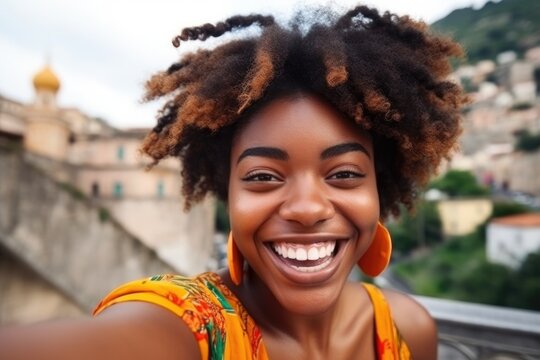 travel, selfie and black woman on phone with happy, joy and smile for relax, freedom and summer holiday
