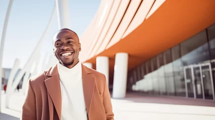 Foto op Canvas Portrait photography of a cheerful african american man wearing a chic cardigan against a modern architectural background.  © BlazingDesigns