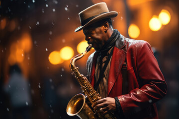 A street musician plays jazz saxophone against the backdrop of a night city - obrazy, fototapety, plakaty