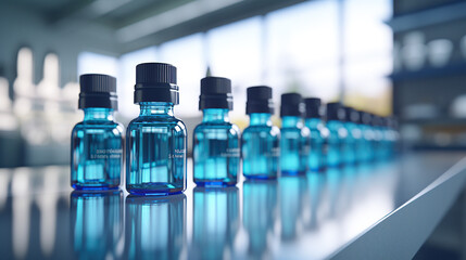 A lineup of medicine bottles arranged in a factory.