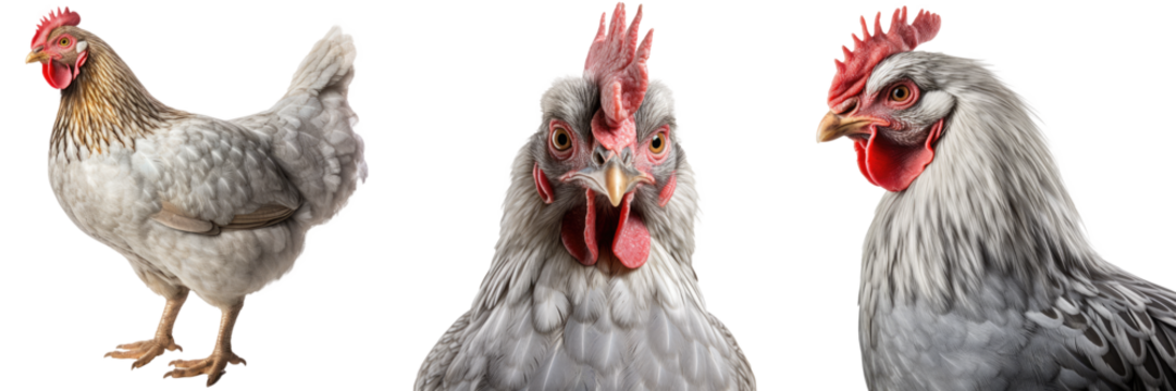 Grey chicken collection (portrait, standing, profile), animal bundle isolated on a white background as transparent PNG