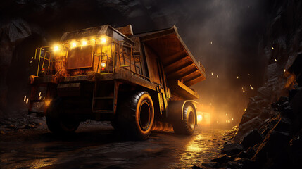 A mining truck is driving into a dark cave.