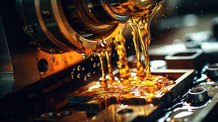 Oil lubrication aids in the precise machining of a gear wheel in metalworking.