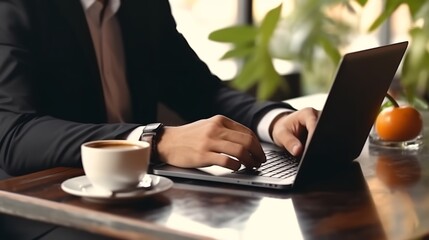Businessman in black suit working, typing on laptop computer, surfing the internet on table at office, Business man connecting the internet, networking at workplace, business background - obrazy, fototapety, plakaty