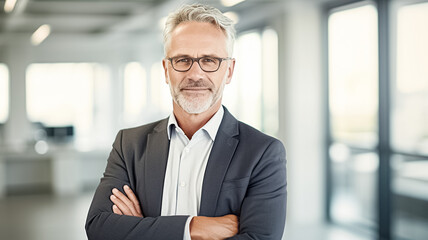 Fototapeta premium Portrait of handsome senior businessman posing with arms crossed in the office. Smiling mature confident professional executive manager, proud lawyer, confident businessman leader.