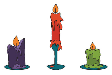 A set of burning candles with dripping wax on stands, cozy things or for Halloween