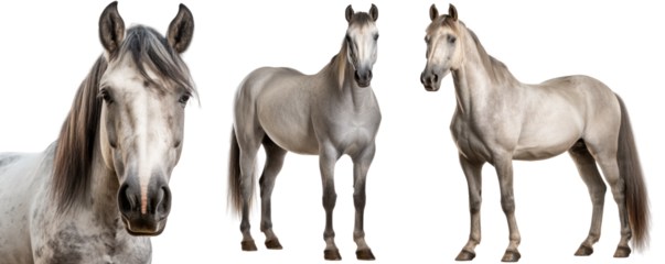 Grey horse collection (portrait, standing), animal bundle isolated on a white background as transparent PNG