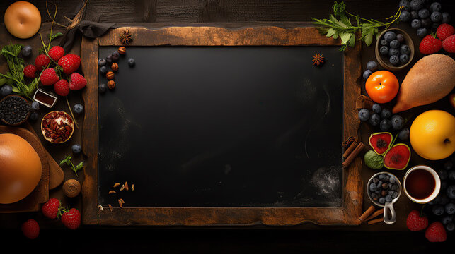 Breakfast dishes encircle a centrally placed blackboard.