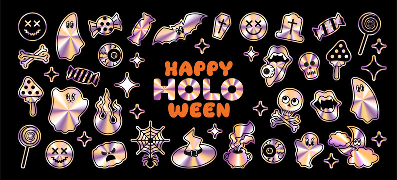 Vector Happy Halloween y2k holographic stickers set. Cool bold retro characters: ghost, pumpkin, spider, skull, eye, bat. Funky groovy autumn Halloween holiday stickers. Various emotions in holo style