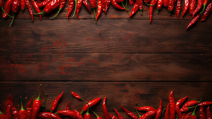 A flat lay arrangement with fresh chili peppers, providing space for text against a wooden backdrop. - obrazy, fototapety, plakaty