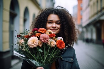 shot of a young woman holding up a bouquet of flowers in the city