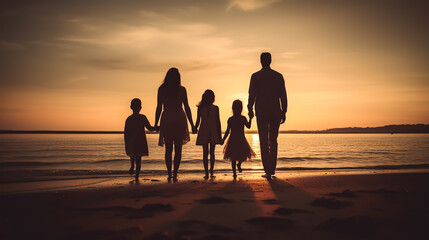 A family walking together at a beach. 