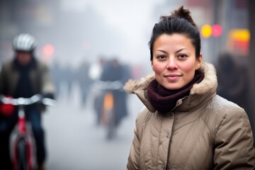 shot of a young woman taking a break from cycling through the smog in beijing