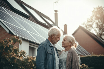 couple next to the house with solar panels