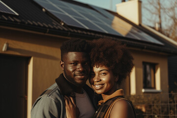 couple next to the house with solar panels