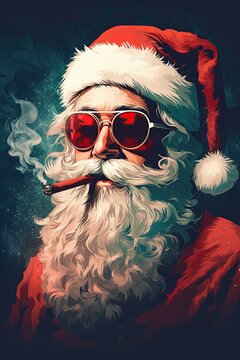 Santa Claus smoking a cannabis joint. Christmas concept art. Illustrated poster design. Generative Ai
