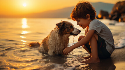 A boy playing with a dog at a beach. 