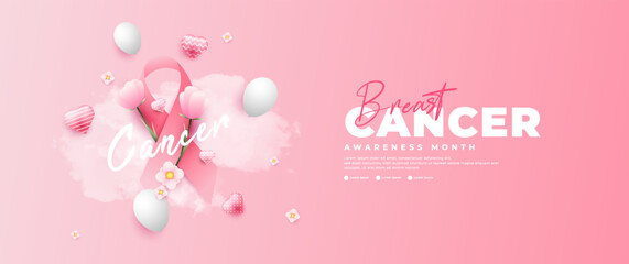 Breast Cancer Awareness Month banner, with pink ribbon, flower and cloud elements - obrazy, fototapety, plakaty