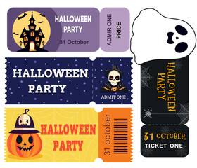 
A set of tickets for a Halloween party, with a pumpkin, a skull, a web, a spider, a bat,
