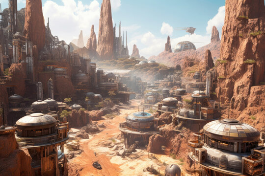 Top View of Incredible Settlement with Numerous Futuristic Buildings on Red Planet