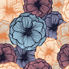 Poppy flower doodle  floral vector seamless pattern summer  fabric print design. Line texture petals