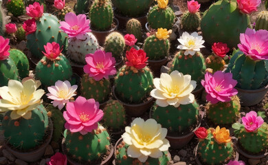 Naklejka na ściany i meble A cute cactus plants with sweet beautiful flowers.