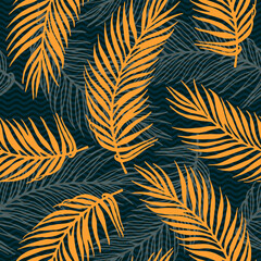 Fototapeta na wymiar Seamless paradise palm leaves vector pattern. Botanical elements over waves