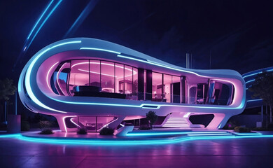 A futuristic house with modern design night scene.