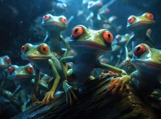 Obraz na płótnie Canvas A group of red-eyed frogs