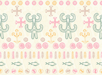 Pagan woman trypillian symbol seamless ornament. Simple trypillia culture ethnic