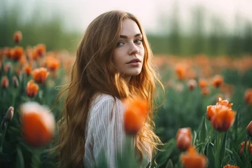Fototapeten shot of a young woman standing in a field of tulips © Alfazet Chronicles