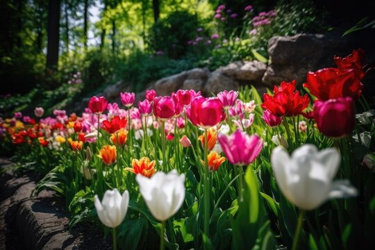 closeup of colorful tulip flowers blooming in lush green forest