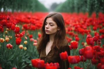 Obraz na płótnie Canvas a young woman standing in a field of red tulips