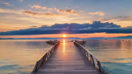 Rolgordijnen sunset on the lake at wooden pier © Love Mohammad