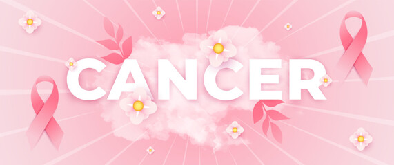 Breast Cancer Awareness Month banner, with pink ribbon, flower and cloud elements
