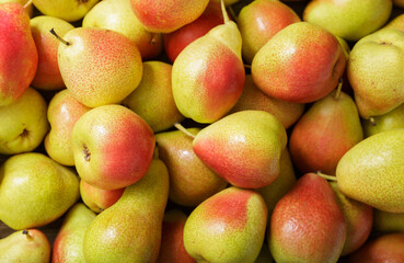 fresh pears as background, top view