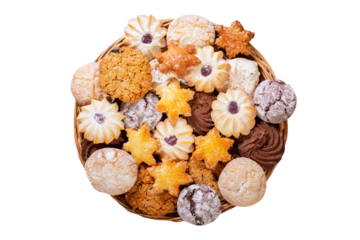 plate of various cookies isolated on transparent background, top view