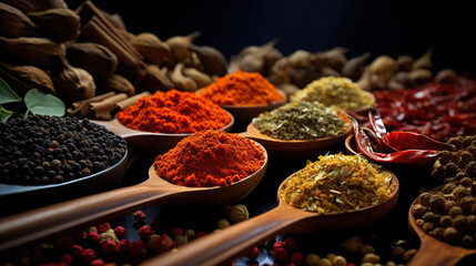 Various herbs and spices in spoons on a dark background.