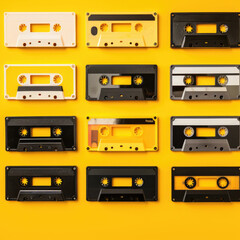 Fototapeta premium Transparent audio cassette tape lit by pink and blue lamps on a black background. AI Generated