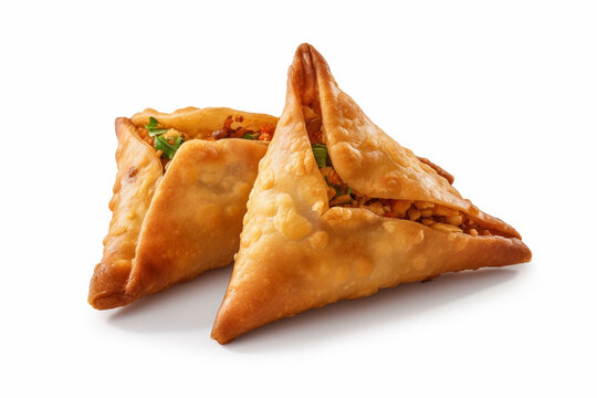 Indian snacks vegetable Samosas a spicy blend of vegetables wrapped in a deep fried triangular pastry parcel, fried Indian food . AI Generative