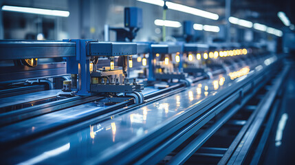 A linear assembly line in an industrial technology factory exemplifies the production concept.