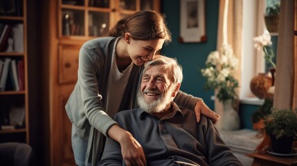 An elderly person happy to be cared for by a caregiver