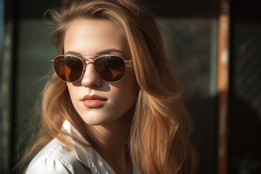 headshot of a beautiful young woman wearing trendy sunglasses