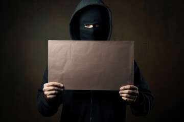 Hooded thief holding a sign, black background. Generative AI