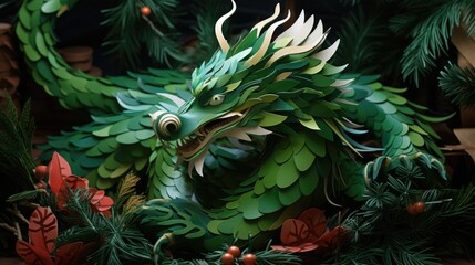 A paper sculpture of a green dragon surrounded by greenery