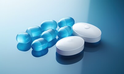 Digital illustration of pills, medicines, blue background. Generative AI