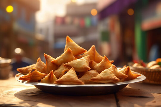 Indian snacks vegetable Samosas a spicy blend of vegetables wrapped in a deep fried triangular pastry parcel, fried Indian food . AI Generative