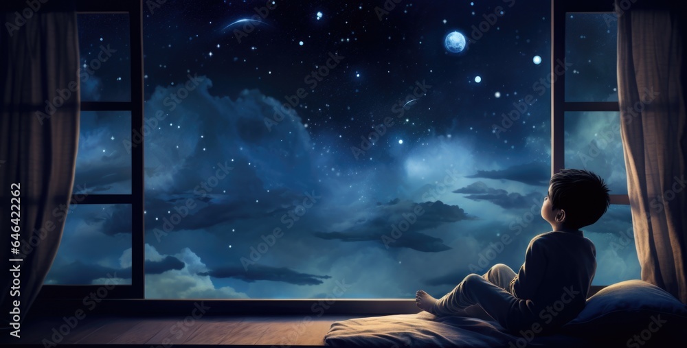 Canvas Prints a child sitting on a bed looking out a window at the night sky