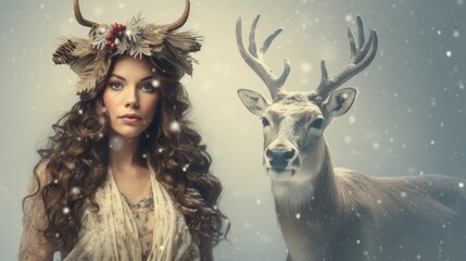 A woman wearing a deer headdress next to a deer