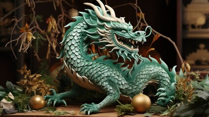 Fototapeta premium A statue of a green dragon sitting on top of a table